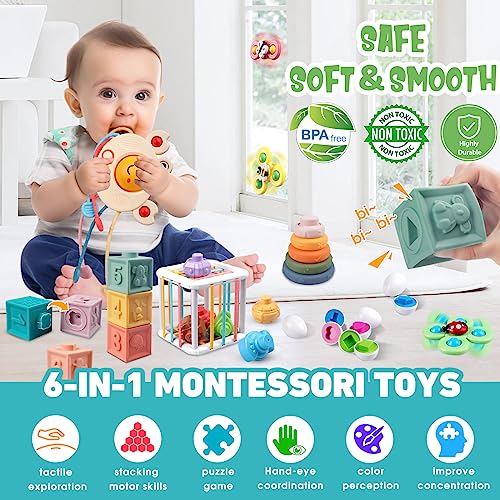 Juguetes Montessori Bebes 6-12 Meses, 6 en 1, Bloques Construccion Sensoriales, Cubos Apilables/Cuerda de Silicona para Tirar/Juego de Ventosa/Huevos, para 1 2 3 Años