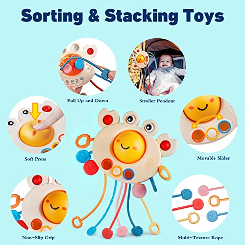 Juguetes Montessori Bebes 6-12 Meses, 6 en 1, Bloques Construccion Sensoriales, Cubos Apilables/Cuerda de Silicona para Tirar/Juego de Ventosa/Huevos, para 1 2 3 Años