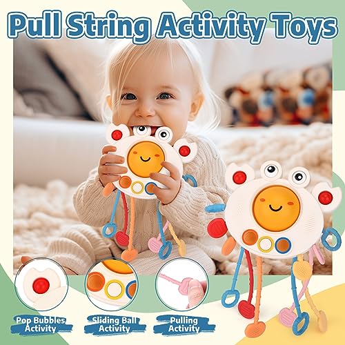 Juguetes Sensoriales Montessori Bebe 5 en 1 Incluye Juguetes de Cuerda para Tirar de Cangrejos, Juguetes Ventosas, Cajas Sensoriales, Juguetes para Apilar Bloques,Regalos para Bebés 6 12 18 Meses