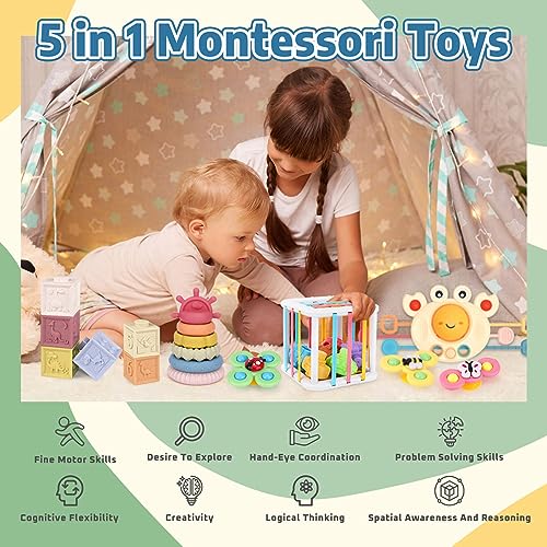 Juguetes Sensoriales Montessori Bebe 5 en 1 Incluye Juguetes de Cuerda para Tirar de Cangrejos, Juguetes Ventosas, Cajas Sensoriales, Juguetes para Apilar Bloques,Regalos para Bebés 6 12 18 Meses