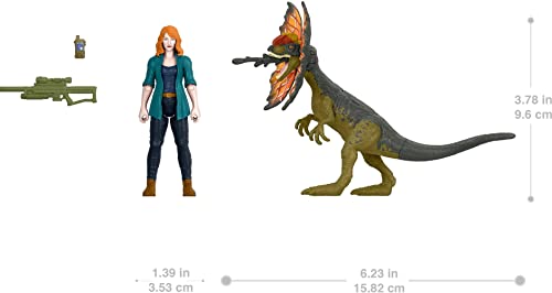 Jurassic World Dominion Claire y Dilophosaurus Human and Dino Pack con 2 figuras de acción y accesorios, juego de regalo de juguete y coleccionable