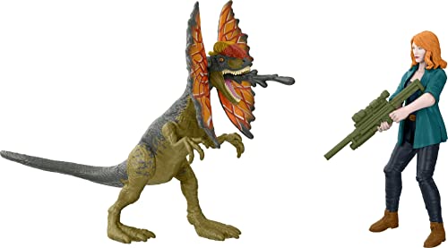 Jurassic World Dominion Claire y Dilophosaurus Human and Dino Pack con 2 figuras de acción y accesorios, juego de regalo de juguete y coleccionable