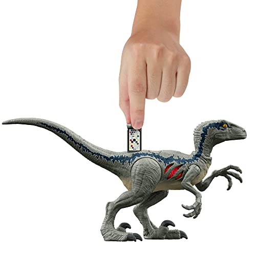 Jurassic World – Estuche de búsqueda de Owen y Vélociraptor Blue, 3 Figuras articuladas, Figuras auténticas coleccionables, Juego físico y Digital, Juguete Infantil, a Partir de 4 años, GWN25