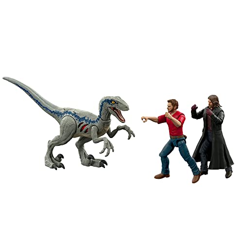 Jurassic World – Estuche de búsqueda de Owen y Vélociraptor Blue, 3 Figuras articuladas, Figuras auténticas coleccionables, Juego físico y Digital, Juguete Infantil, a Partir de 4 años, GWN25