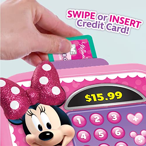 Just Play Caja registradora Disney Junior Minnie Mouse Bowtique con sonidos realistas, dinero y escáner de juegos de simulación