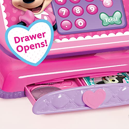 Just Play Caja registradora Disney Junior Minnie Mouse Bowtique con sonidos realistas, dinero y escáner de juegos de simulación