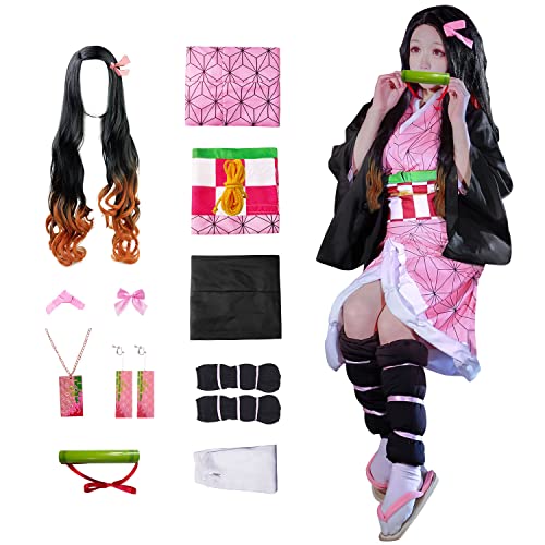 JYakeji 10 piezas japonesas Anime Demon Slayer Cosplay: Kimetsu no Yaiba Nezuko Kamado Cosplay Disfraz Kimono Set con peluca, adecuado para Cosplay (S)