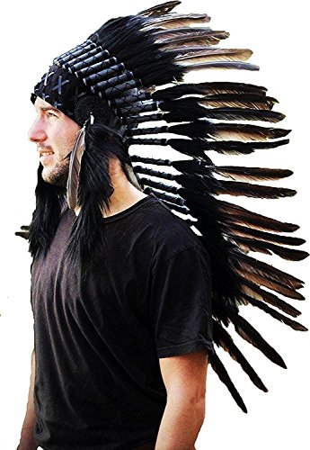 KARMABCN Native American Inspired Medium Feather Headdress (36 Inch Long)/War Bonnet