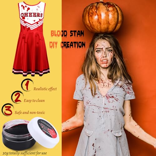 Kavoc Juego de 5 piezas de disfraz de animadora zombi que incluye vestido, pantimedias, pompones, calcomanías, gel de sangre falso para niñas, disfraz de Halloween (10-12 años, rojo)