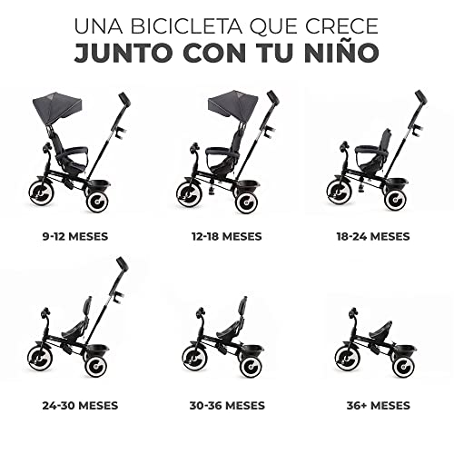 Kinderkraft ASTON Triciclo Evolutivo, Bicicleta Sin Pedales, Bicicleta Bebe, Plegable, Para Niños, Cinturón, Con Accesorios, Portavasos, Cesta, 9 Meses a 25 kg, Gris