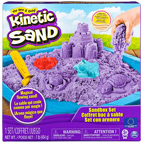 Kinetic Sand -ARENA MÁGICA - SET SANDBOX - Set con Arenero Niños, 454g de arena morada y 4 accesorios - Kit Manualidades Niños - 6028092 - Juguetes Niños 3 Años +