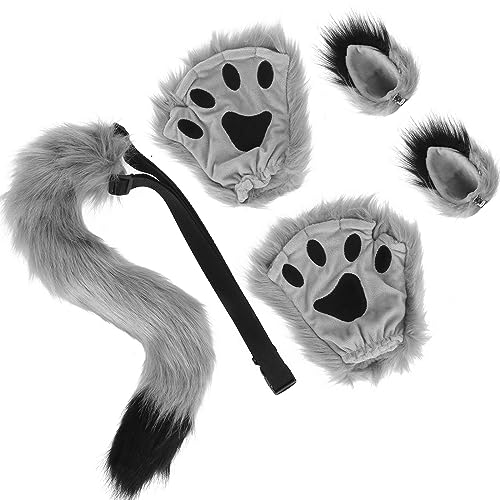 Kinsinder 5pcs trajes de rol, trajes de cola oreja animal Fox Wolf trajes cola oreja animal, trajes fiesta Navidad Halloween oreja lobo zorro trajes juguetes para adultos para niños (Gris)