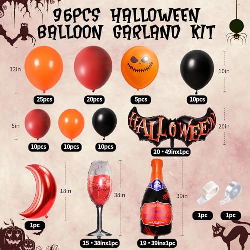 Kit de arco de globos de Halloween, 96 piezas, guirnalda de globos naranja y rojo con luna roja champán y globos de aluminio de murciélago "Halloween" para decoración de fiesta de Halloween en