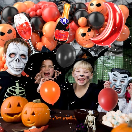 Kit de arco de globos de Halloween, 96 piezas, guirnalda de globos naranja y rojo con luna roja champán y globos de aluminio de murciélago "Halloween" para decoración de fiesta de Halloween en