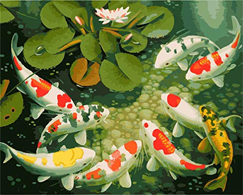 Kit de pintura por números, pintura de Koi Carp Lotus Pond número pintura para adultos y niños 40,6 x 50,8 cm enmarcado o no (carpa, sin marco)