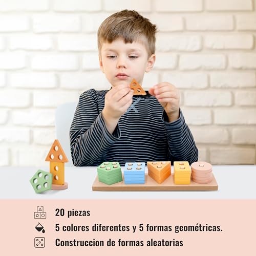KivanToys | Juguetes niños 1 2 años de Madera apilar y Encajar | Juguetes Montessori 1 2 años | Juegos educativos niños 1 2 años | Formas geometricas