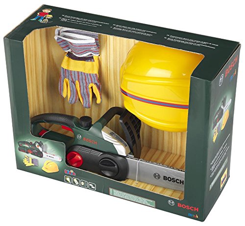 Klein Theo 8456 Kit de Trabajador Bosch, Motosierra Resistente con luz y Sonido, Casco y Guantes de Trabajo Juegos de rol, Juguetes para niños a Partir de 3 años