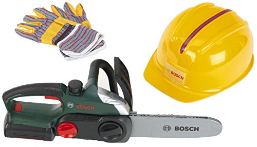Klein Theo 8456 Kit de Trabajador Bosch, Motosierra Resistente con luz y Sonido, Casco y Guantes de Trabajo Juegos de rol, Juguetes para niños a Partir de 3 años