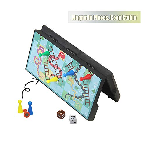 KOKOSUN Snakes and Ladders Juego de mesa Mini Set -7.9 ″, Tablero plegable magnético, Juguetes divertidos para niños y adultos