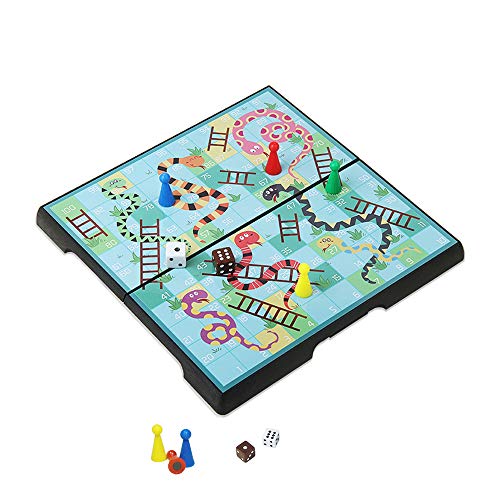 KOKOSUN Snakes and Ladders Juego de mesa Mini Set -7.9 ″, Tablero plegable magnético, Juguetes divertidos para niños y adultos