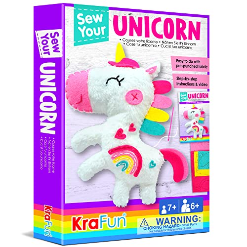 KRAFUN Kit de costura de unicornio para principiantes, para arte y manualidades de niños, muñeca de peluche, instrucciones y materiales de fieltro de felpa para aprender a coser, bordado
