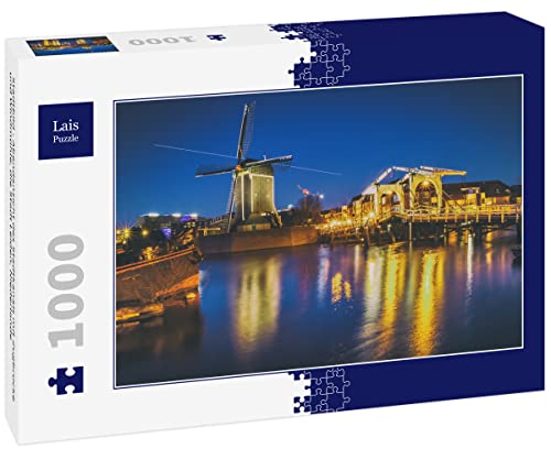 Lais Puzzle Paisaje Urbano - Vista Nocturna del Canal de la Ciudad con Puente levadizo y Molino de Viento, la Ciudad de Leiden, Países Bajos 1000 Piezas
