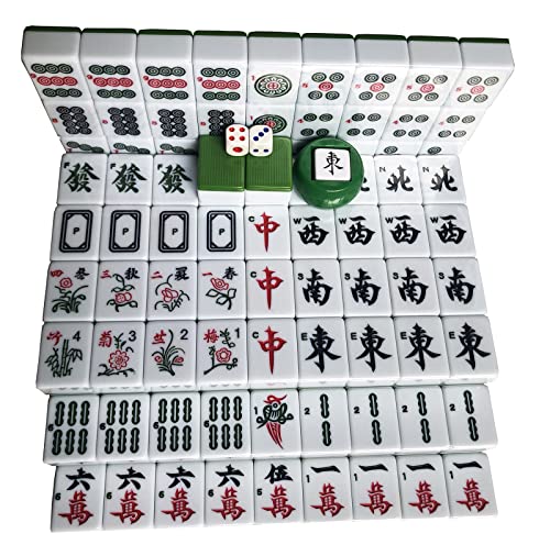 LANYOTA Mahjong - Juego de Mahjong chino con funda de viaje de transporte, 1.5 pulgadas grande 144+2 azulejos con números arábigos, 2 dados y un indicador de viento, juego Mah Jongg (verde - juego de