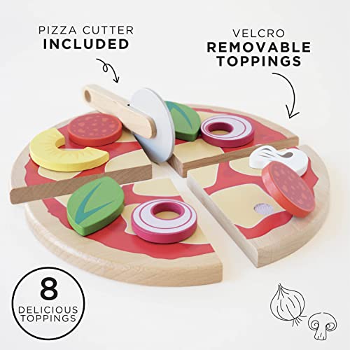Le Toy Van - TV279 - Juguete educativo juego de pizza para niños a partir de 2 años, fieltro juego pizza, Montessori, fabricado en madera, 13 piezas, incluye cortador de pizza, juego ecológico