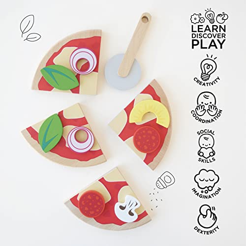 Le Toy Van - TV279 - Juguete educativo juego de pizza para niños a partir de 2 años, fieltro juego pizza, Montessori, fabricado en madera, 13 piezas, incluye cortador de pizza, juego ecológico