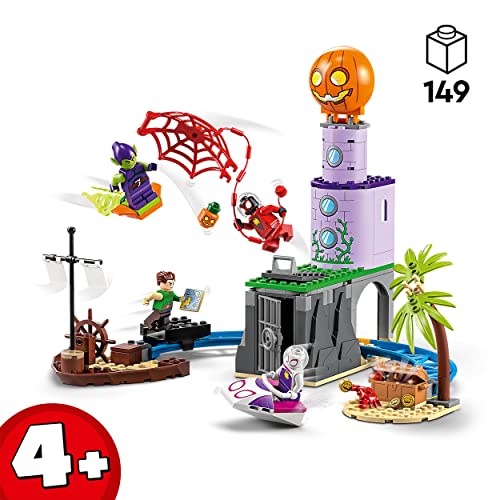 LEGO 10790 Marvel Equipo Spidey en el Faro del Duende Verde, Juguete para Niños de 4 Años o Más con Barco Pirata, Mini Figuras Miles Morales, Ghost-Spider y Más, Serie Spidey y Sus Amigos