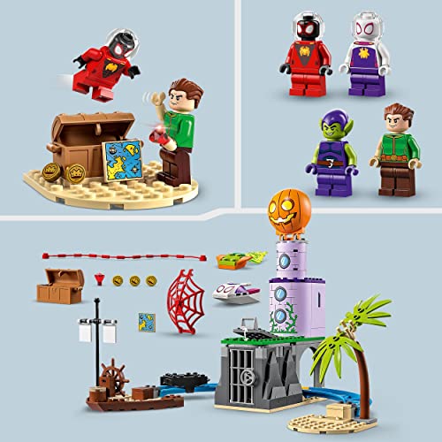 LEGO 10790 Marvel Equipo Spidey en el Faro del Duende Verde, Juguete para Niños de 4 Años o Más con Barco Pirata, Mini Figuras Miles Morales, Ghost-Spider y Más, Serie Spidey y Sus Amigos