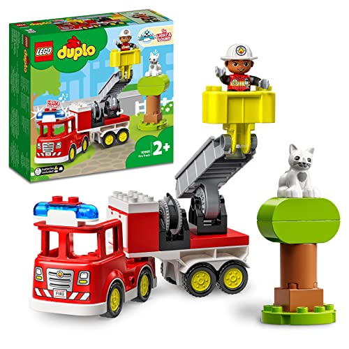LEGO 10969 Duplo Camión de Bomberos, Juguetes Educativos para Niños de 2 Años, Vehículo con Luz y Sonido, Set con Figura de Gatito