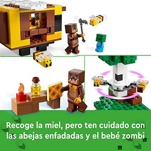 LEGO 21241 Minecraft La Cabaña-Abeja, Casa de Juguete para Niños y Niñas de 8 Años, Granja, Mini Figuras Animales y Zombie, Idea de Regalo para Fans del Videojuego