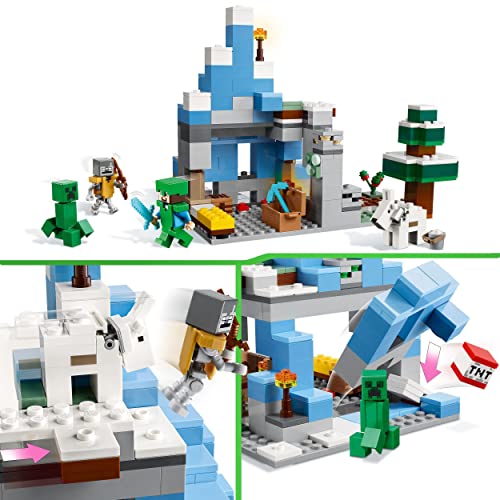 LEGO 21243 Minecraft Los Picos de Hielo, Set de Construcción, Bioma y Cueva, Mini Figuras de Steve, Creeper y Cabra, Espada de Juguete y Accesorios