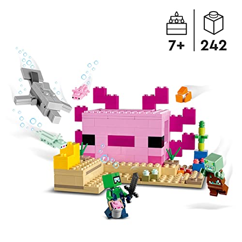 LEGO 21247 Minecraft Set La Casa-Ajolote, Base Submarina Rosa de Construcción con Explorador Buceador, Zombi y Figuras de Delfín y Pez Globo, Juguetes de Aventura para Niños y Niñas a partir de 7 años