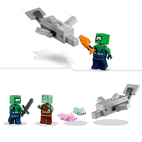 LEGO 21247 Minecraft Set La Casa-Ajolote, Base Submarina Rosa de Construcción con Explorador Buceador, Zombi y Figuras de Delfín y Pez Globo, Juguetes de Aventura para Niños y Niñas a partir de 7 años