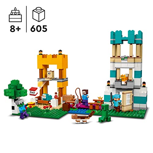 LEGO 21249 Minecraft Caja Modular 4.0, Set de Construcción 2en1 de Torres del Río y Cabaña-Gato con Figuras de Minecraft de Alex, Steve, Creeper y Criaturas Zombies, Regalos para Niños y Niñas