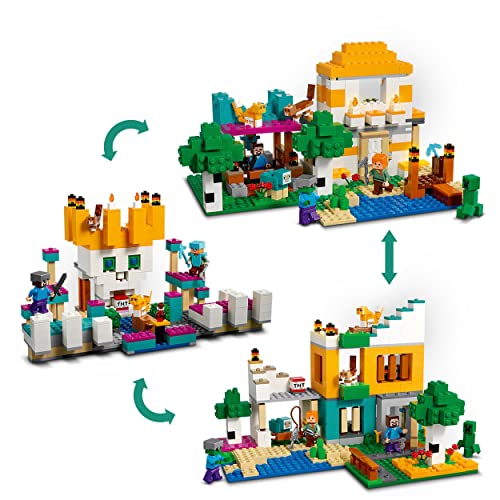 LEGO 21249 Minecraft Caja Modular 4.0, Set de Construcción 2en1 de Torres del Río y Cabaña-Gato con Figuras de Minecraft de Alex, Steve, Creeper y Criaturas Zombies, Regalos para Niños y Niñas