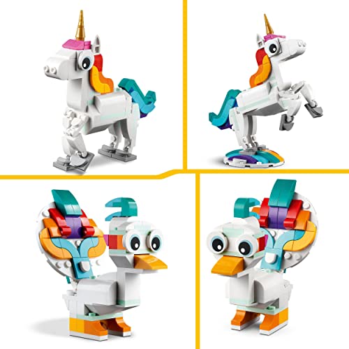 LEGO 31140 Creator 3en1 Unicornio Mágico, Juguete de Construcción Caballito de Mar o Pavo Real, Regalos de Reyes para Niños y Niñas de 7 Años o Más, Figuras de Animales Fantásticos