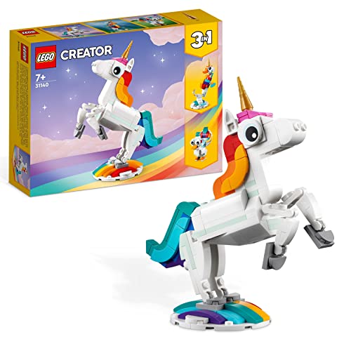 LEGO 31140 Creator 3en1 Unicornio Mágico, Juguete de Construcción Caballito de Mar o Pavo Real, Regalos de Reyes para Niños y Niñas de 7 Años o Más, Figuras de Animales Fantásticos