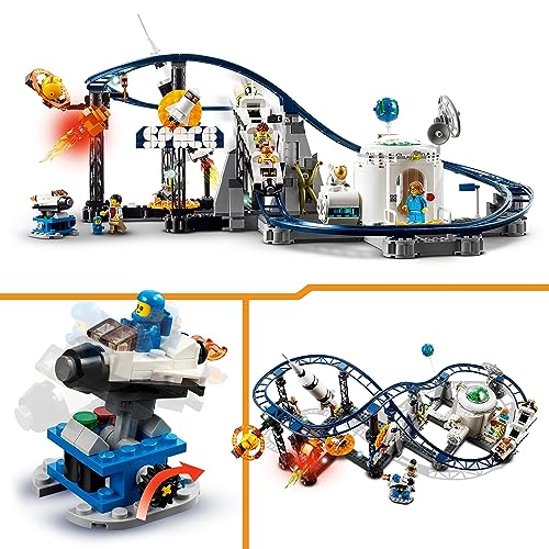 LEGO 31142 Creator 3en1 Montaña Rusa Espacial, Torre de Caída Libre o Tiovivo, Maqueta de Parque de Atracciones, Juguete de Construcción con Cohete Espacial, Planetas y Ladrillos Luminosos
