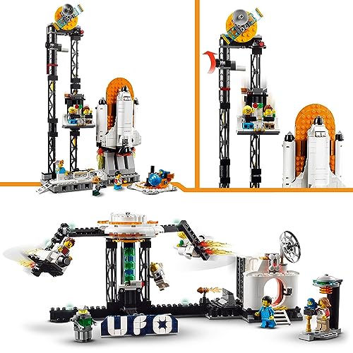 LEGO 31142 Creator 3en1 Montaña Rusa Espacial, Torre de Caída Libre o Tiovivo, Maqueta de Parque de Atracciones, Juguete de Construcción con Cohete Espacial, Planetas y Ladrillos Luminosos