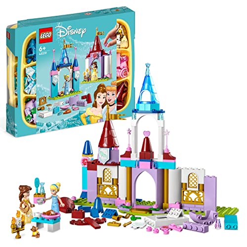 LEGO 43219 Disney Princess Castillos Creativos, Juguete de Construcción con Mini Muñecas de Bella y Cenicienta, Juego Portátil con Caja de Almacenamiento, Regalos para Niñas y Niños