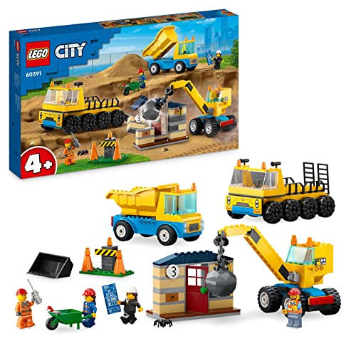 LEGO 60391 City Camiones de Construcción y Grúa con Bola de Demolición, Excavadora de Juguete, Camión Basculante y Vehículos de Transporte, Set de Aprendizaje para Niños y Niñas a Partir de 4 Años