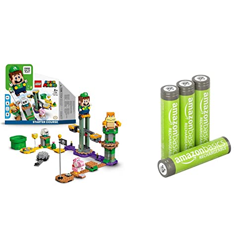 LEGO 71387 Super Mario Aventuras con Luigi Pack Inicial, Juguete Mario Bros con Mini Figura Interactiva, Set de Construcción & Amazon Basics - Pilas AAA Recargables, precargadas, Paquete de 4