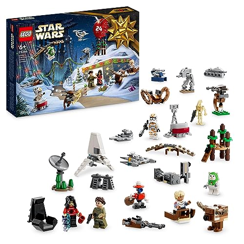 LEGO 75366 Star Wars Calendario de Adviento 2023 con 24 Regalos Que Incluyen 9 Personajes, 10 Vehículos de Juguete y 5 Mini-Maquetas Icónicas, Regalo de Cuenta Atrás de Navidad para Niños y Fans