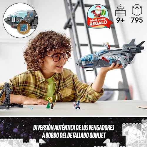 LEGO 76248 Marvel Quinjet de los Vengadores, Avión de Juguete para Construir, Mini Figuras de Viuda Negra, Thor, Capitán América, Iron Man y Loki, Infinity Saga