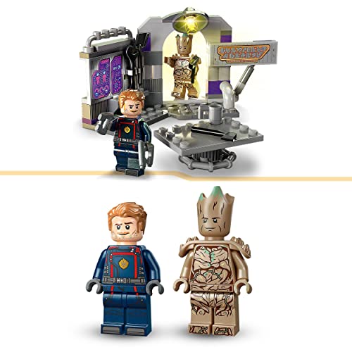 LEGO 76523 Marvel Base de los Guardianes de la Galaxia 3 con Mini Figuras de Groot y Star-Lord, Juguete de Superhéroes para Construir para Niños y Niñas de 7+ Años
