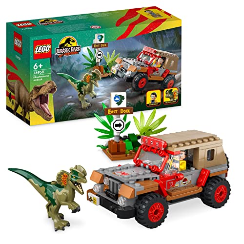 LEGO 76958 Jurassic Park Emboscada al Dilofosaurio, Juguete de Construcción para Niños y Niñas a Partir de 6 años, con una Figura de Dinosaurio y un Coche Jeep, Set de Colección del 30 Aniversario