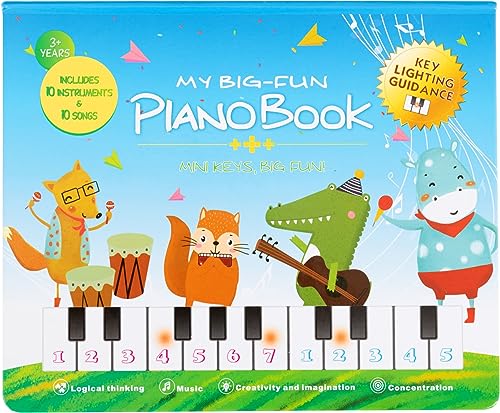 Libro de música FunKey con teclado iluminado para niños - Libro de música ilustrado con 10 canciones - Mini teclado con 20 teclas - 10 sonidos y 10 canciones con función de grabación y seguimiento